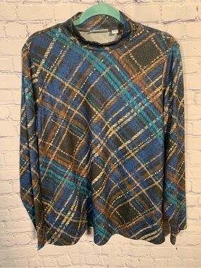 Susan Graver Womens Liquid Knit Plaid High Neck Long Sleeve Top Sz L Casual
